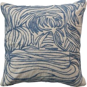 Bloomingville, Natural and Blue Azure Lines Embroidered Cotton Pillow 20 x 20”